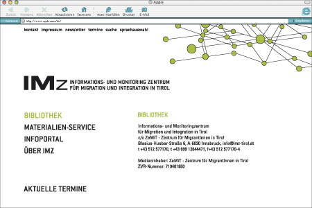 Informations- und Monitoringzentrum für Migration und Integration in Tirol 
 Homepage Menüpunkt Bibliothek Gestaltung und Programmierung
