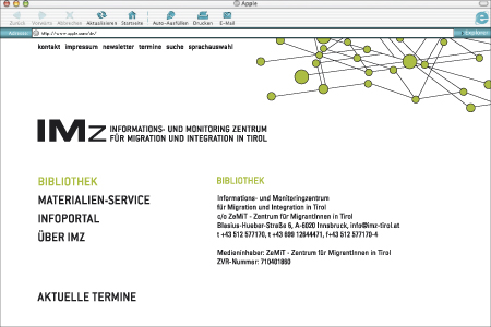 Informations- und Monitoringzentrum für Migration und Integration in Tirol 
 Homepage Menüpunkt Bibliothek Gestaltung und Programmierung
